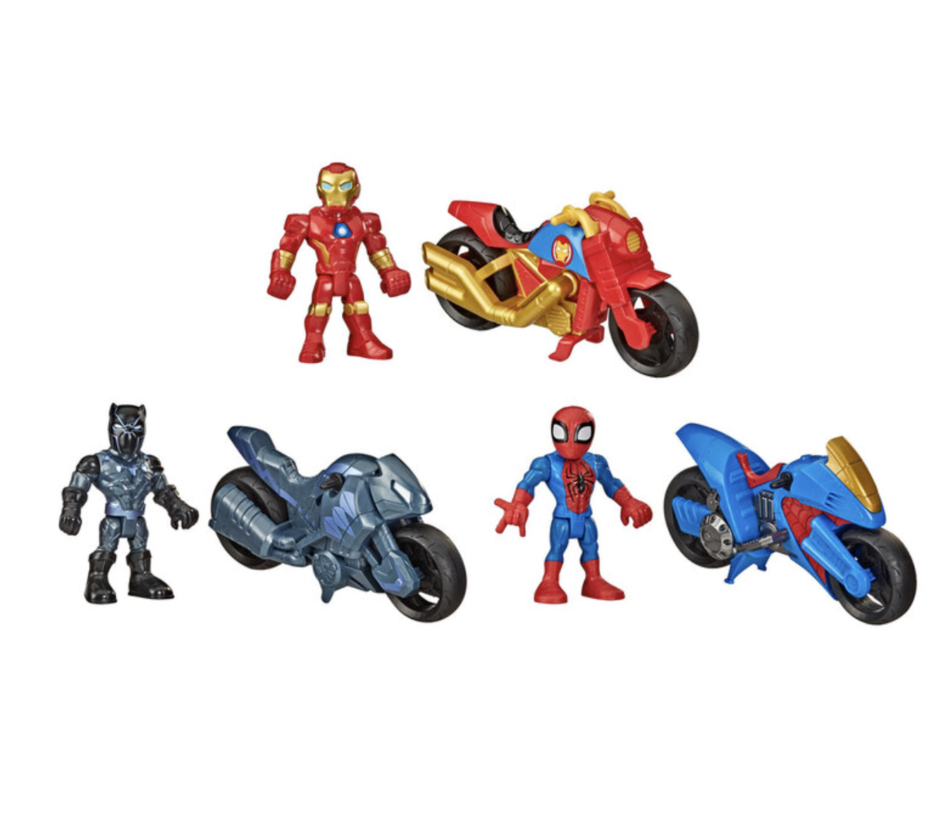 Playskool Heroes Marvel Super Hero Adventures 3 Pack Motorcycle Set with Black Panther, Spider-Man, Iron Man - Image 2