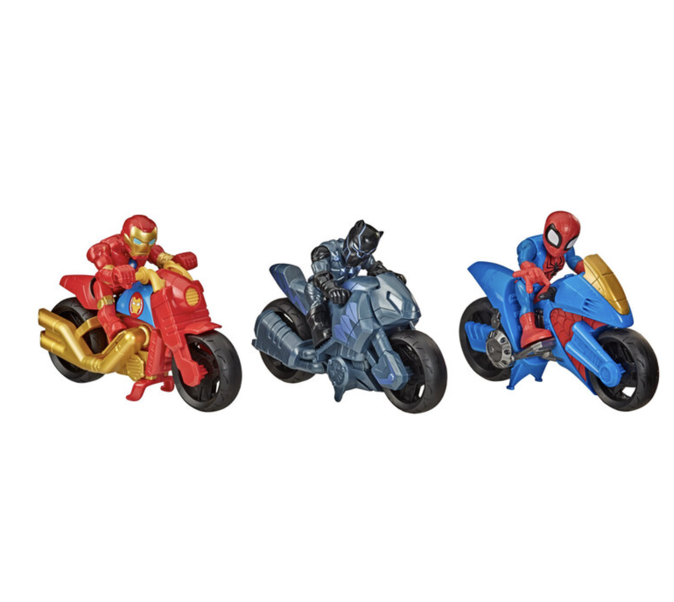 Playskool Heroes Marvel Super Hero Adventures 3 Pack Motorcycle Set with Black Panther, Spider-Man, Iron Man - Image 3