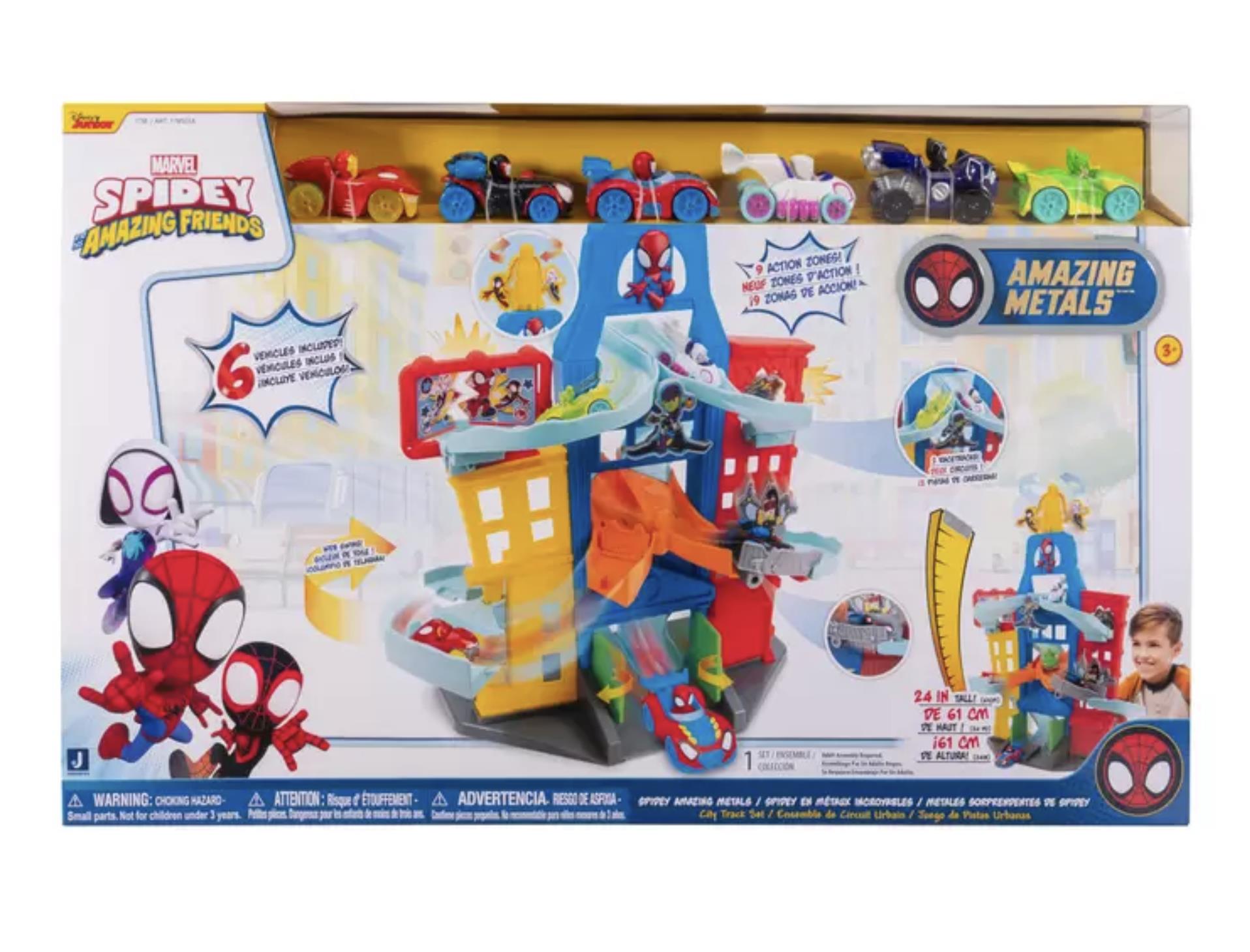 Spidey and His Amazing Friends Amazing Metals City Track Set: Multi-level Playset with 2 Race Tracks and 6 Vehicles
