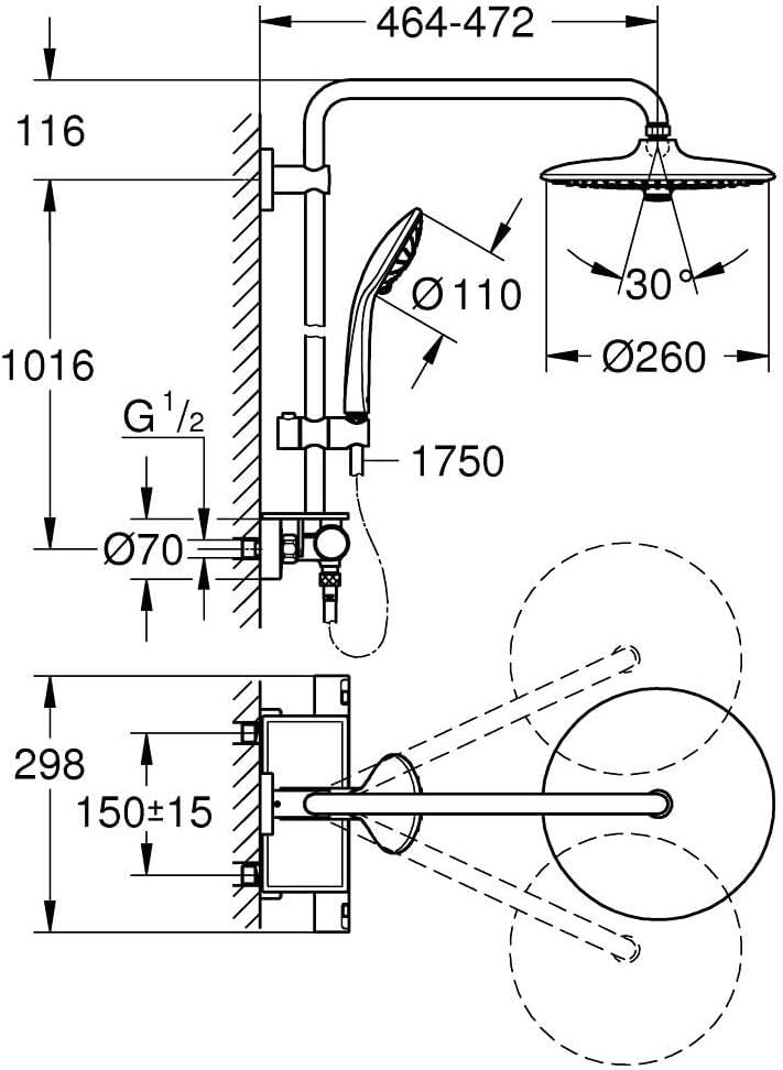 GROHE Vitalio Joy 260 Thermostatic Shower System Chrome 3-Spray Head & Handset - Image 3