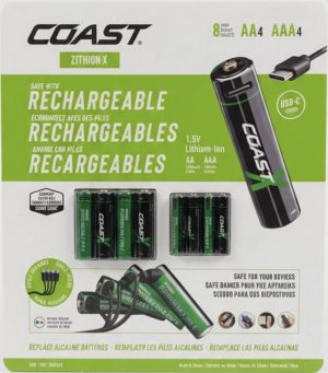 COAST ZITHION-X USB-C Rechargeable Lithium AA & AAA Batteries 8-Pack with Cable