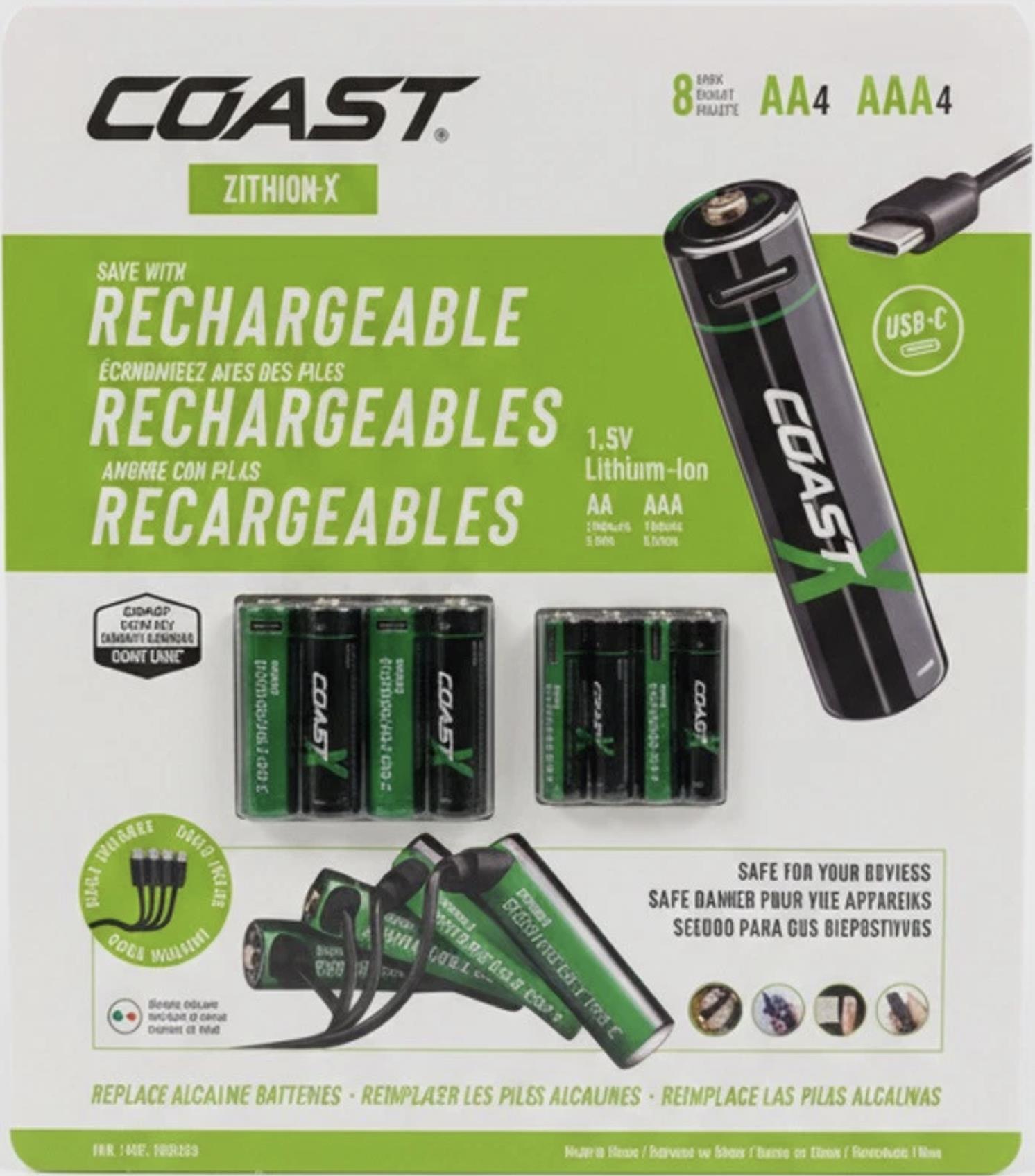 COAST ZITHION-X USB-C Rechargeable Lithium AA & AAA Batteries 8-Pack with Cable