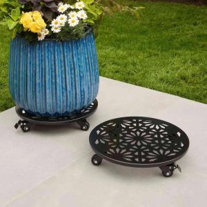 Set of 2 Heavy Duty Steel Plant Caddies 38cm Locking Wheels 113kg Capacity Black