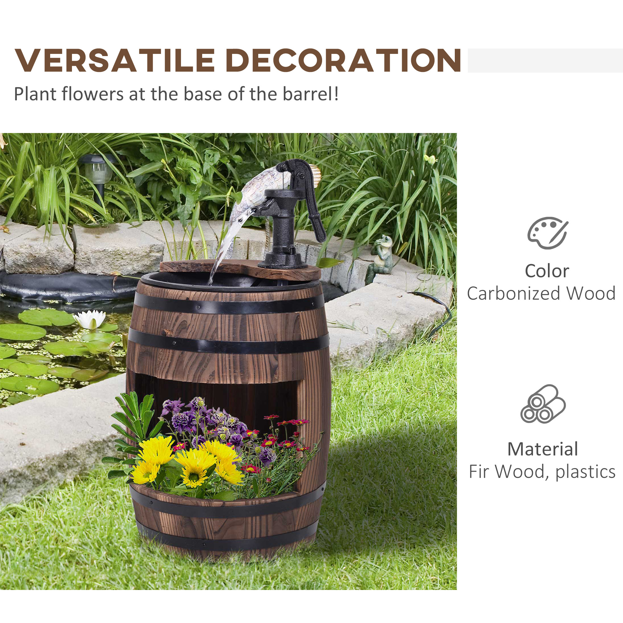 Outsunny Wood Barrel Pump Garden Fountain Water Feature Flower Planter Stand New - Image 7