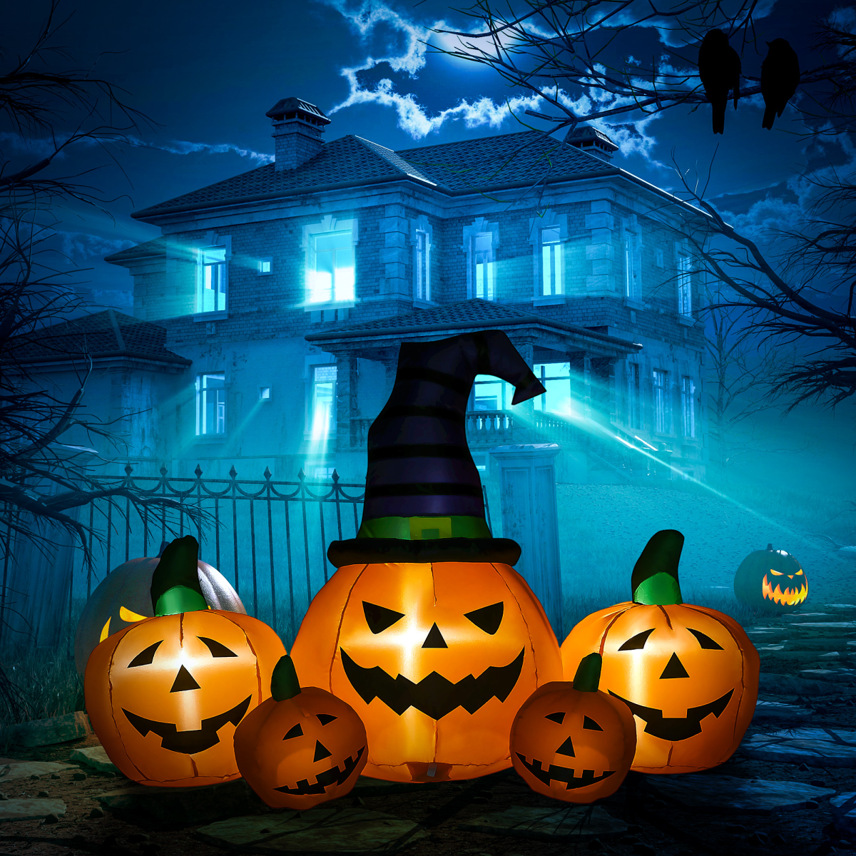 6ft Inflatable Halloween Large Pumpkin Hat with Four Small Pumpkins Blow-Up LED - Image 2