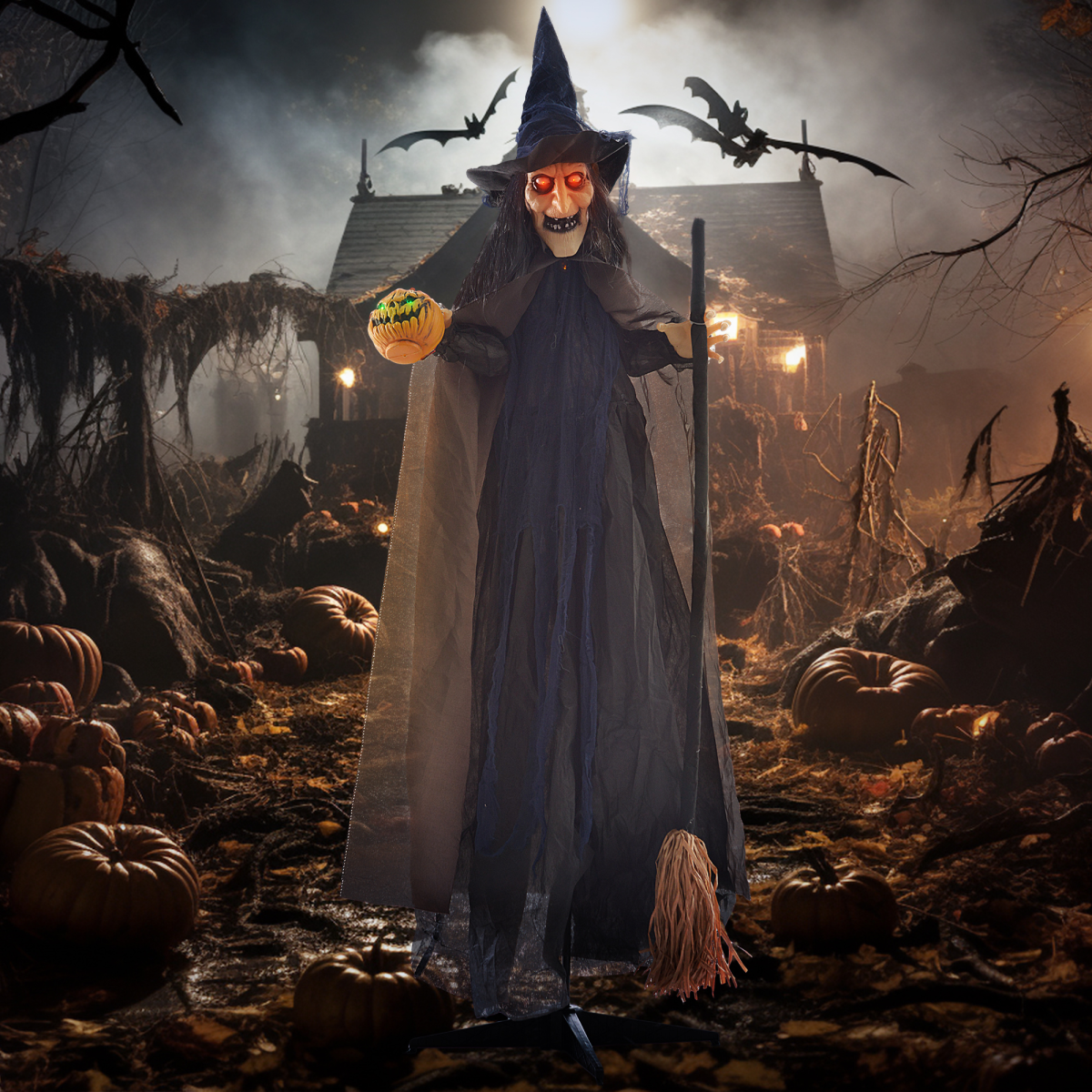 Halloween Witch with Broomstick Animatronic Prop with Light Up Eyes - Image 2
