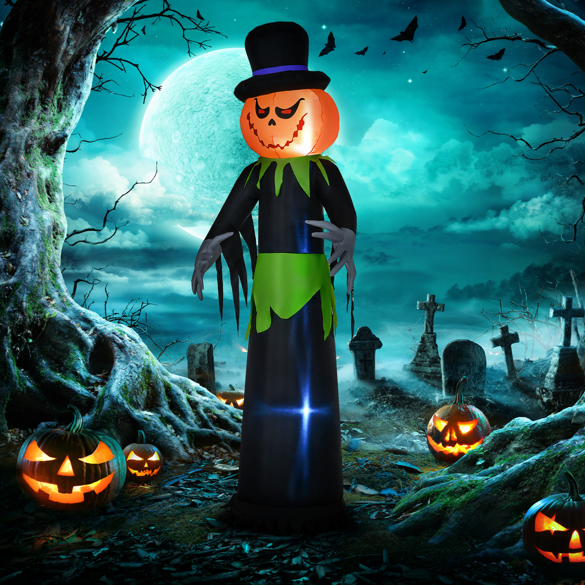 Outsunny 8FT Tall Halloween Inflatable Pumpkin Ghost in A Hat Decoration - Image 2