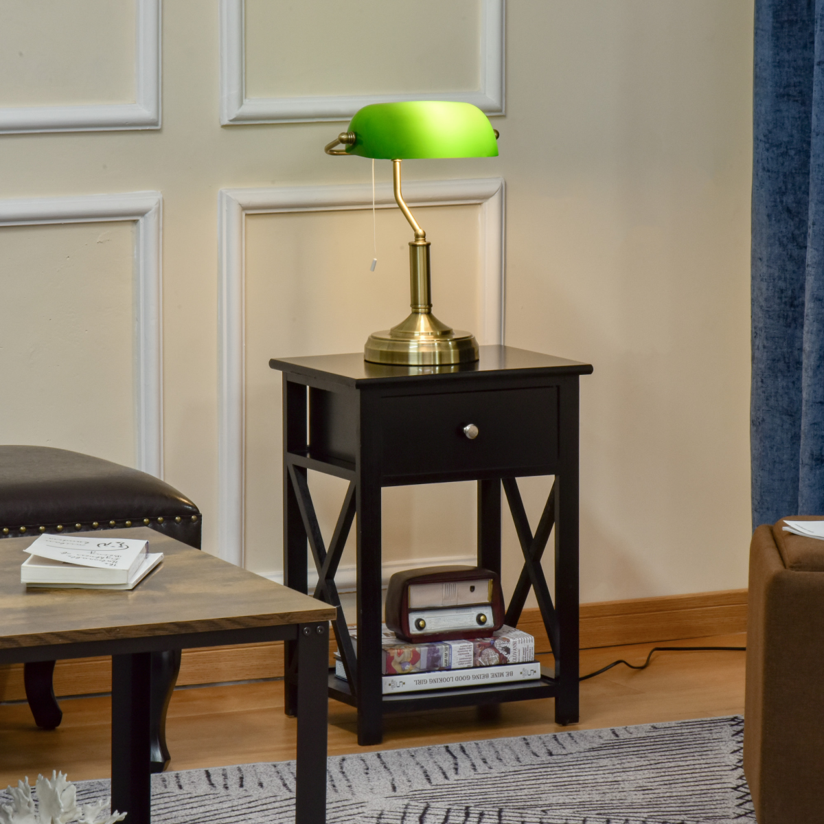 Banker's Table Lamp Desk Lamp w/Antique Bronze Base, Glass Shade and Pull Rope - Image 2