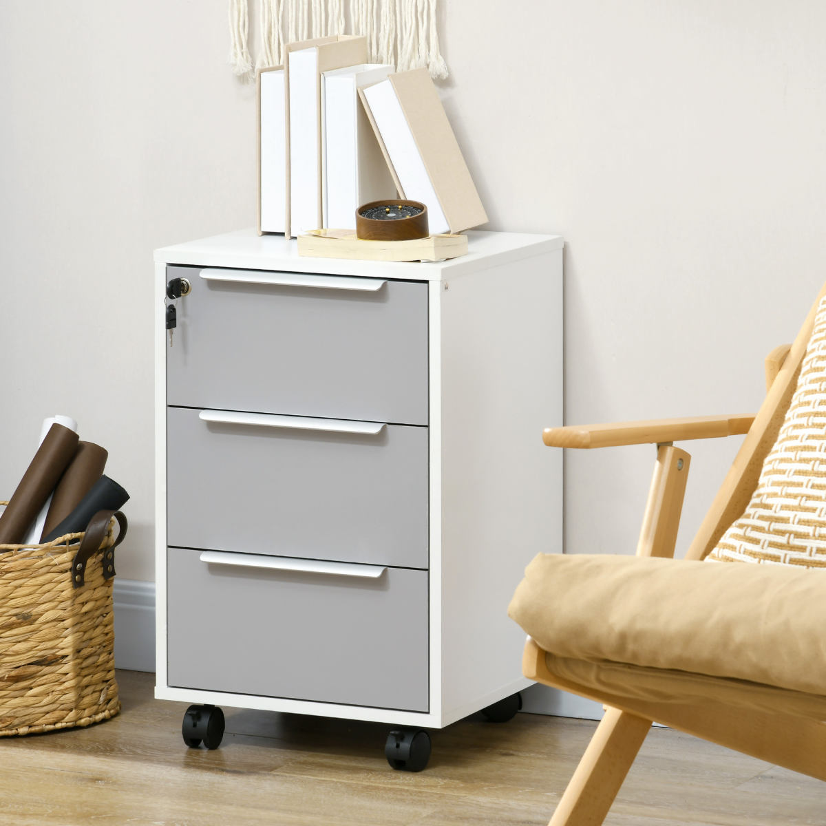 3-Drawer Locking File Cabinet Mobile Chest of Drawers Side Table Wheels - Image 2