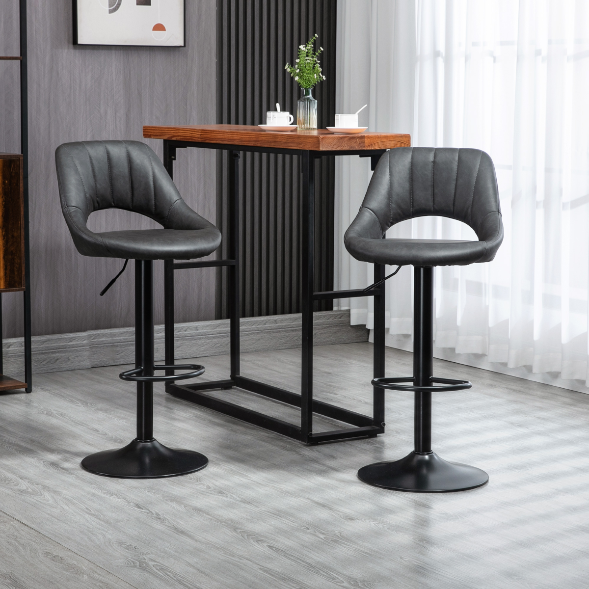 Barstools Set of 2 Adjustable Swivel Height PU Leather Counter Chairs Footrest - Image 2