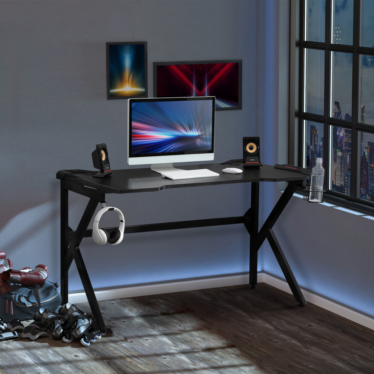 Spacious Gaming Desk Home Racing w/ Steel Frame Cup Headphone Holder Hook - Image 2