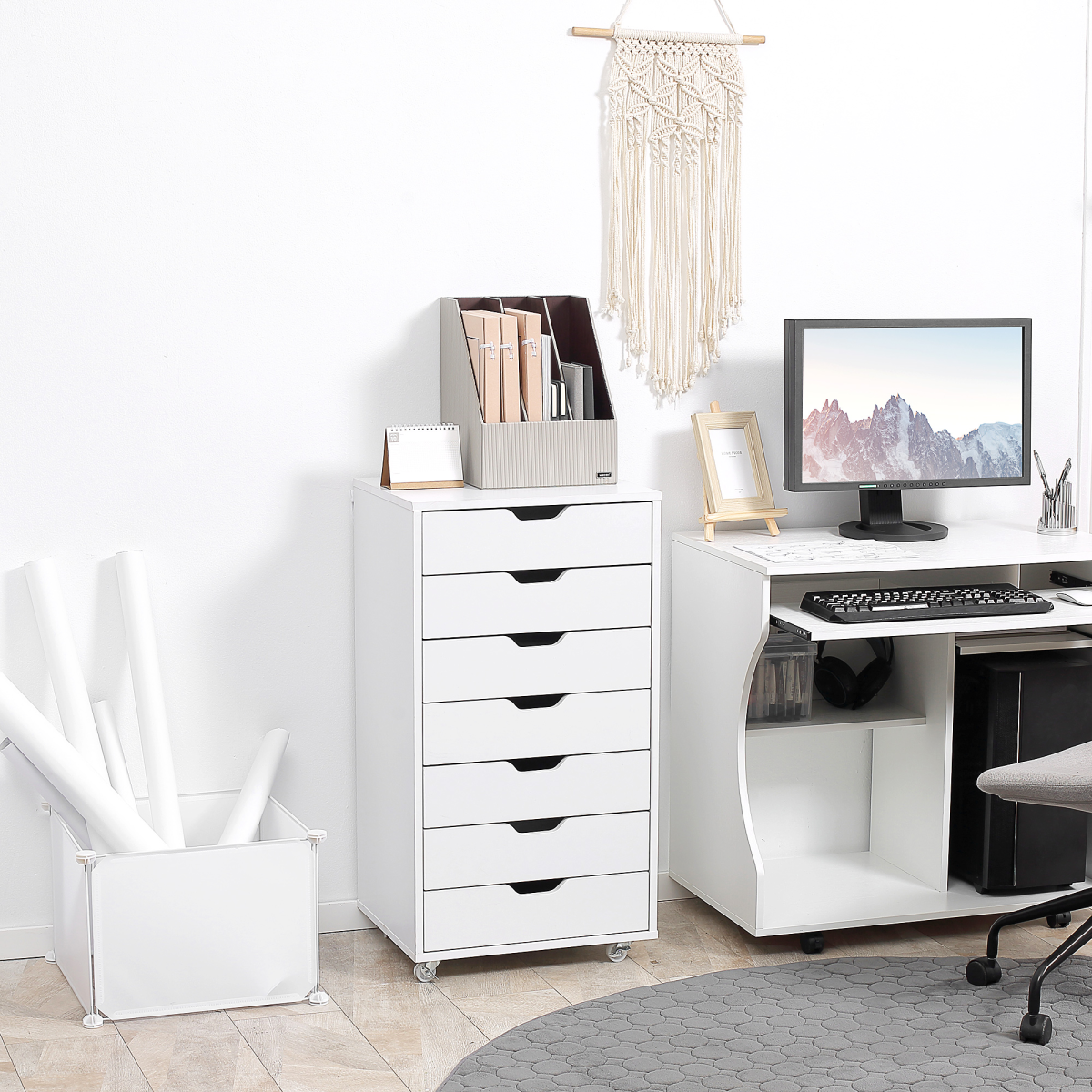 Vinsetto Mobile Filing Cabinet, 7-drawer File Cabinet with Wheels, White - Image 2