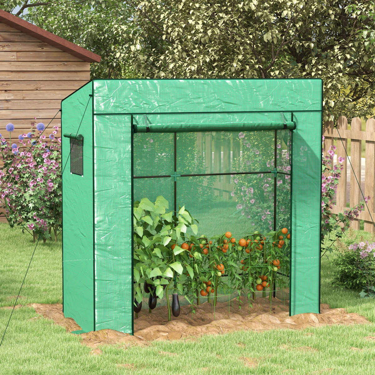 Outsunny Walk-in Garden Green House with Large Roll-up Door and 2 Mesh Windows - Image 2