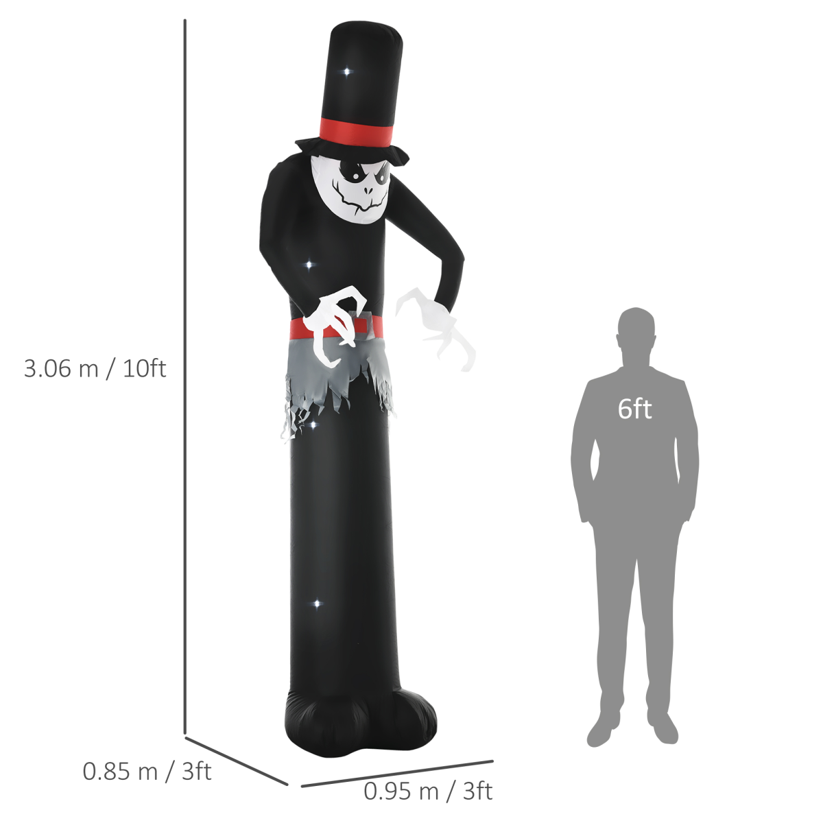 10ft Inflatable Halloween Skinny Ghost Tall Hat Blow-Up Outdoor LED Display - Image 3