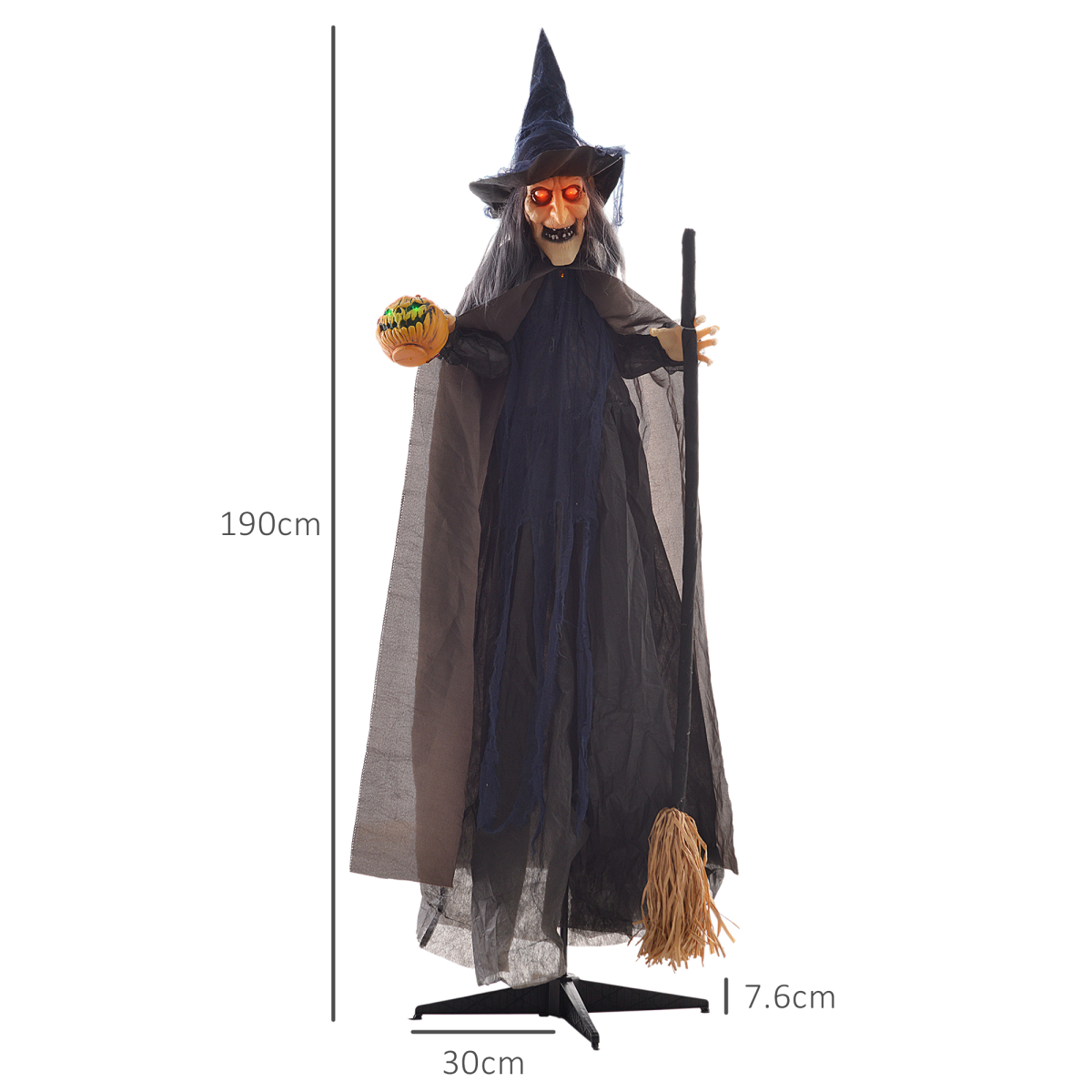 Halloween Witch with Broomstick Animatronic Prop with Light Up Eyes - Image 3