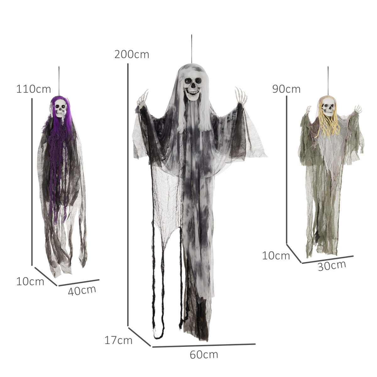 Set of 3 Hanging Skeleton, Flying Ghost Halloween Decorations - Image 4