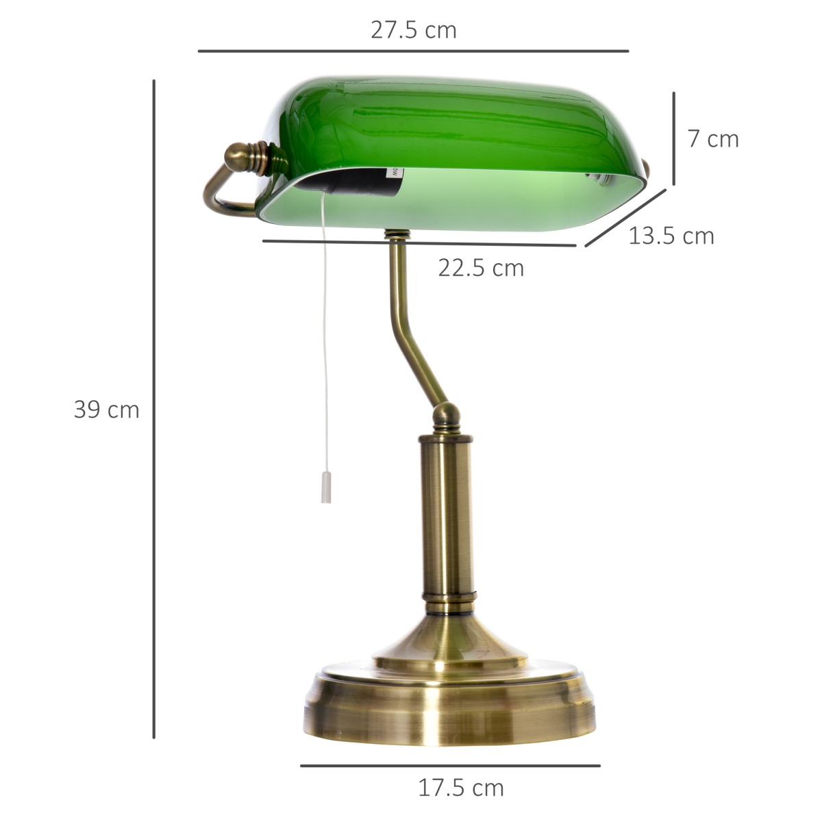 Banker's Table Lamp Desk Lamp w/Antique Bronze Base, Glass Shade and Pull Rope - Image 3