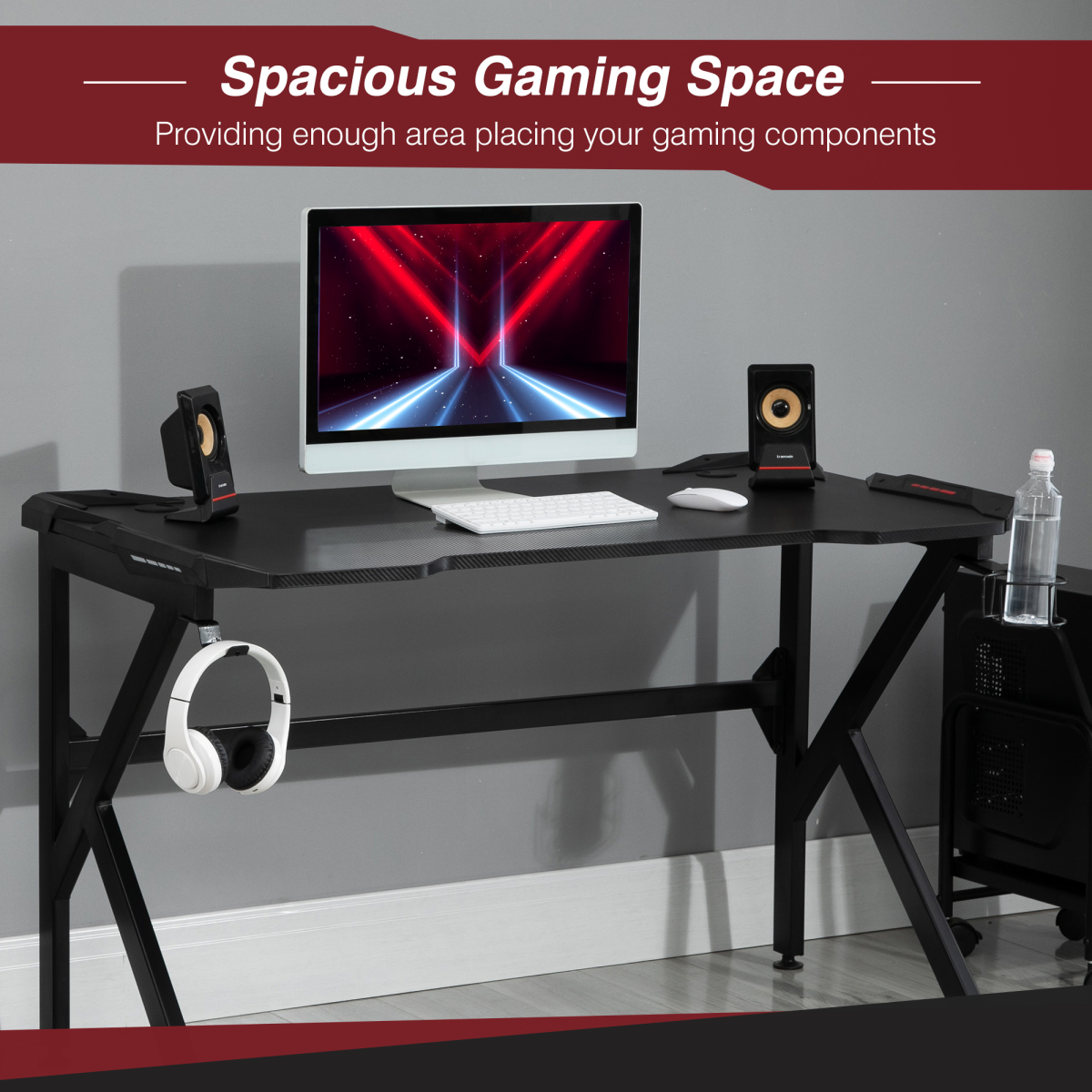 Spacious Gaming Desk Home Racing w/ Steel Frame Cup Headphone Holder Hook - Image 3