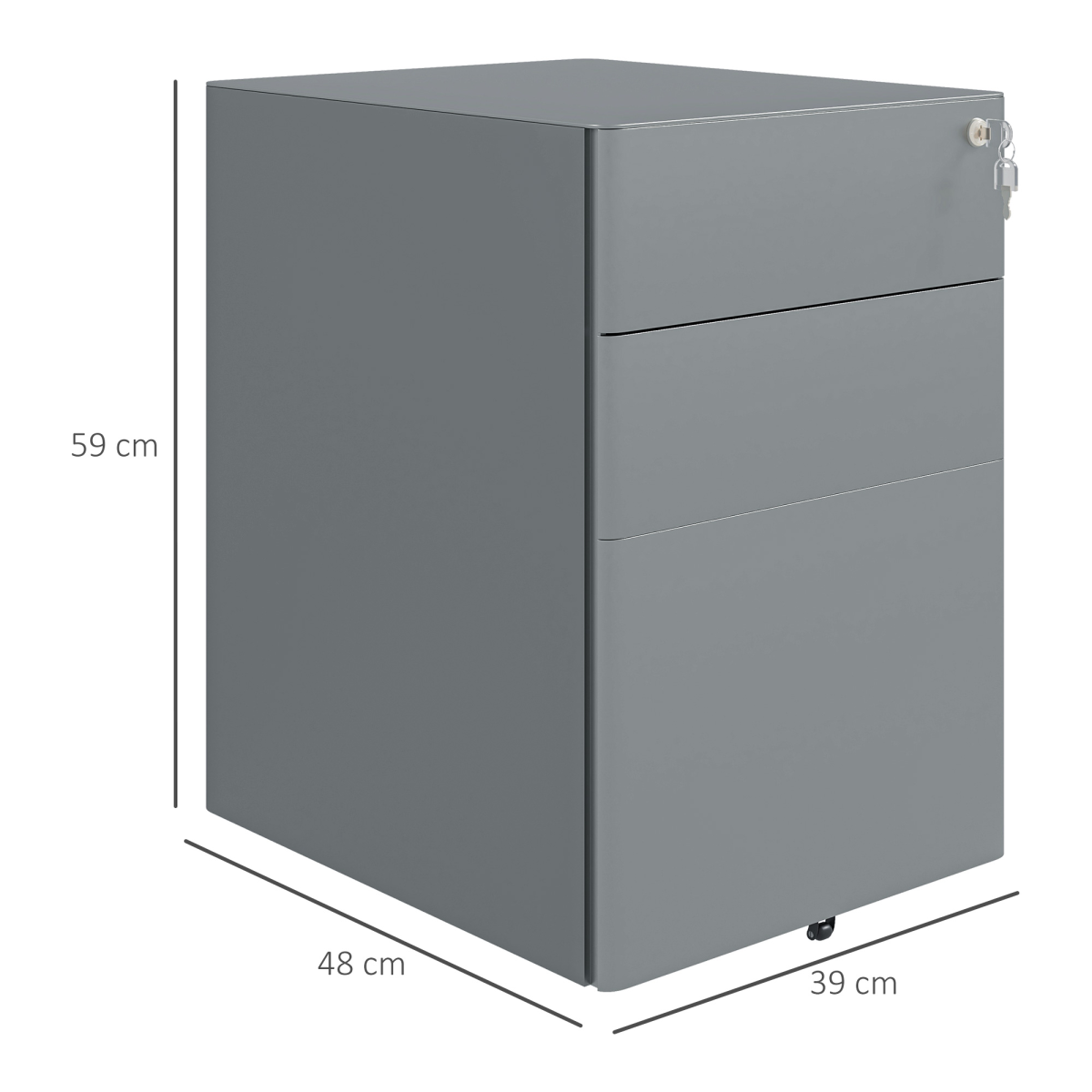 Vinsetto 3 Drawer Metal Filing Cabinet Lockable 5 Wheels Compact Under Desk Grey - Image 3