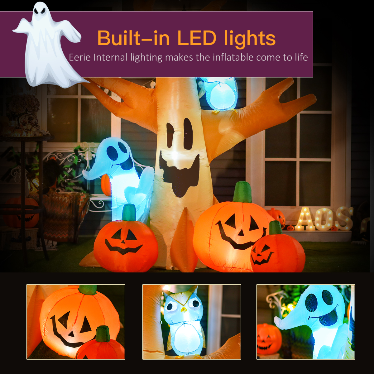 240cm Large Halloween Scary Lighting Inflatable Tree Ghost 3 Pumpkins Owl 4 LED - Image 4