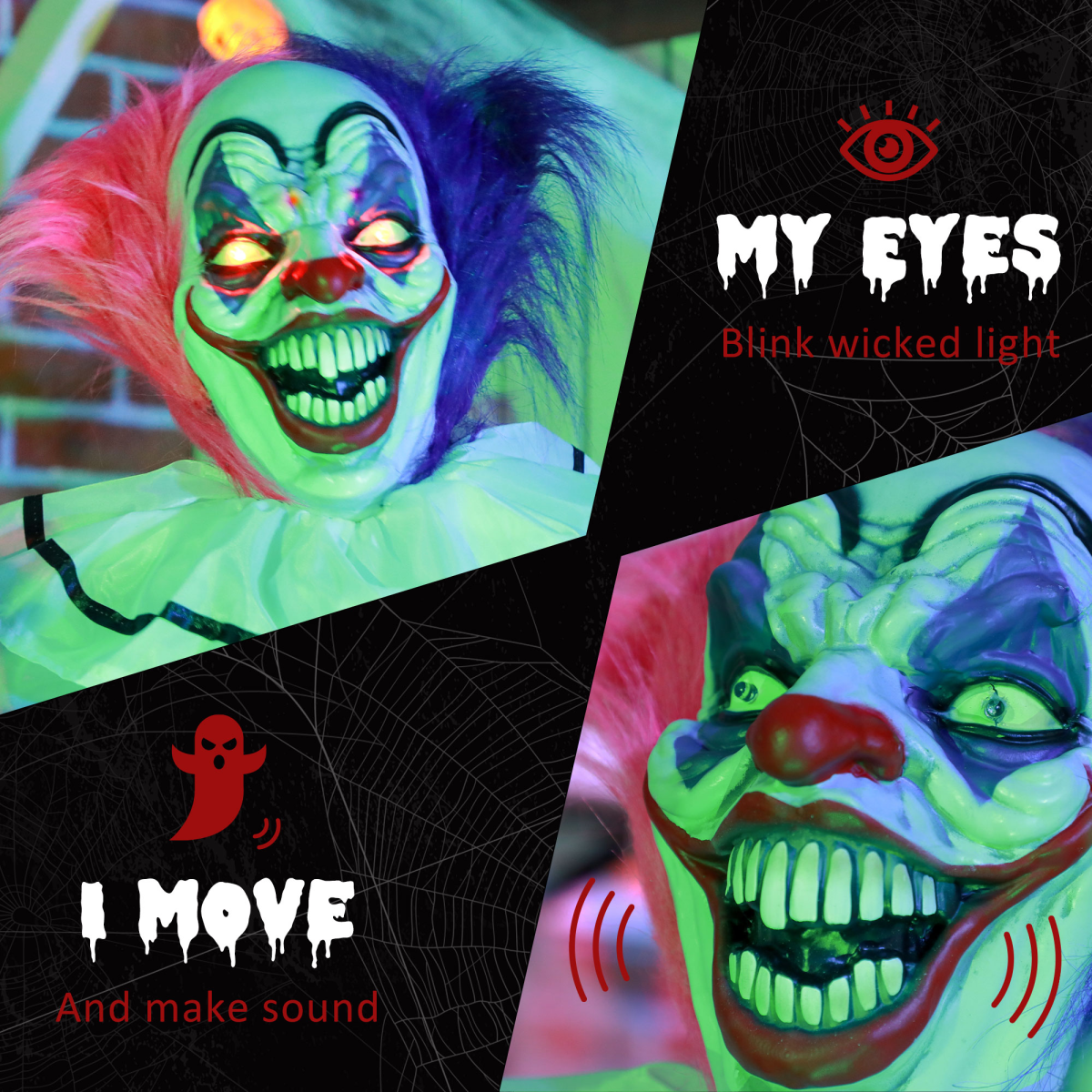 Halloween Clown Animatronic Prop with Light Up Eyes, for Indoor Outdoor - Image 4