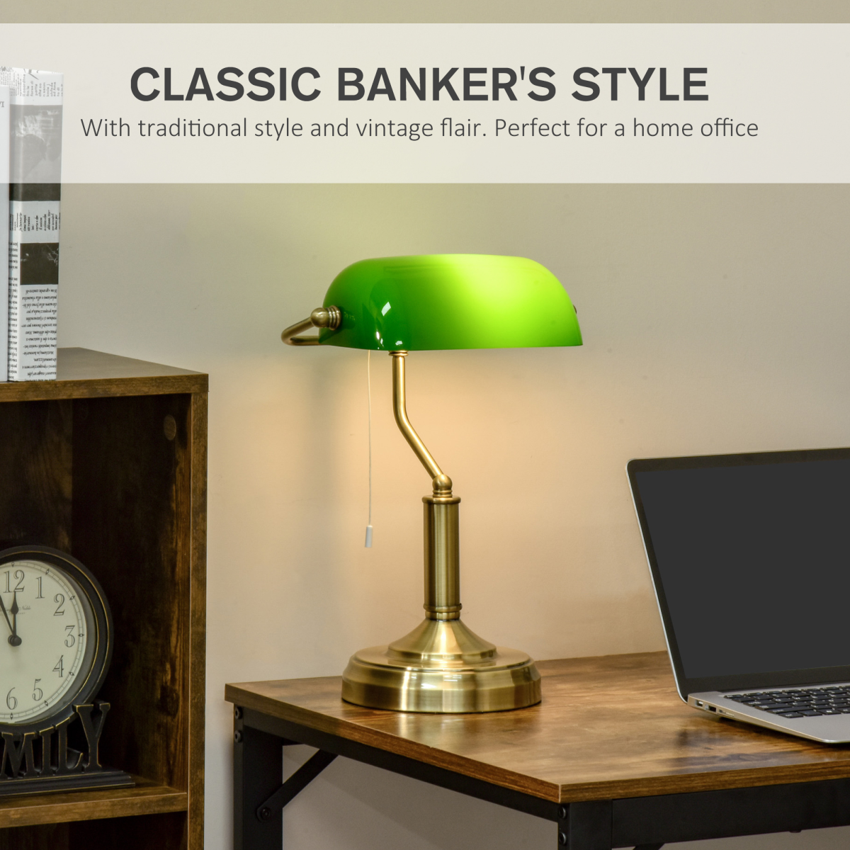 Banker's Table Lamp Desk Lamp w/Antique Bronze Base, Glass Shade and Pull Rope - Image 4
