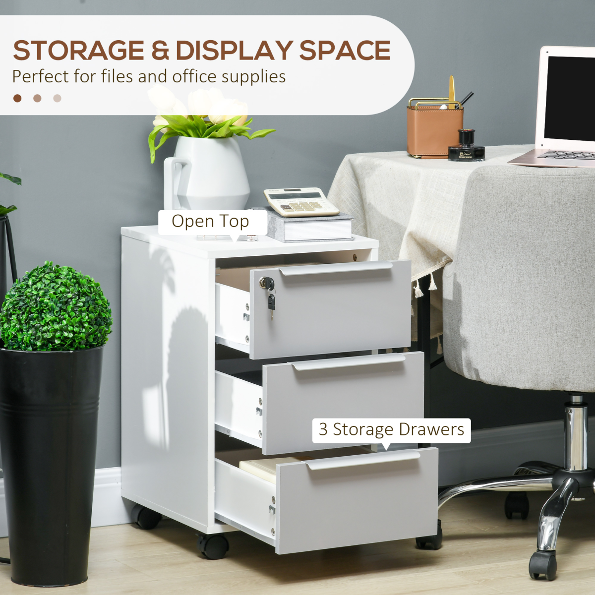 3-Drawer Locking File Cabinet Mobile Chest of Drawers Side Table Wheels - Image 4