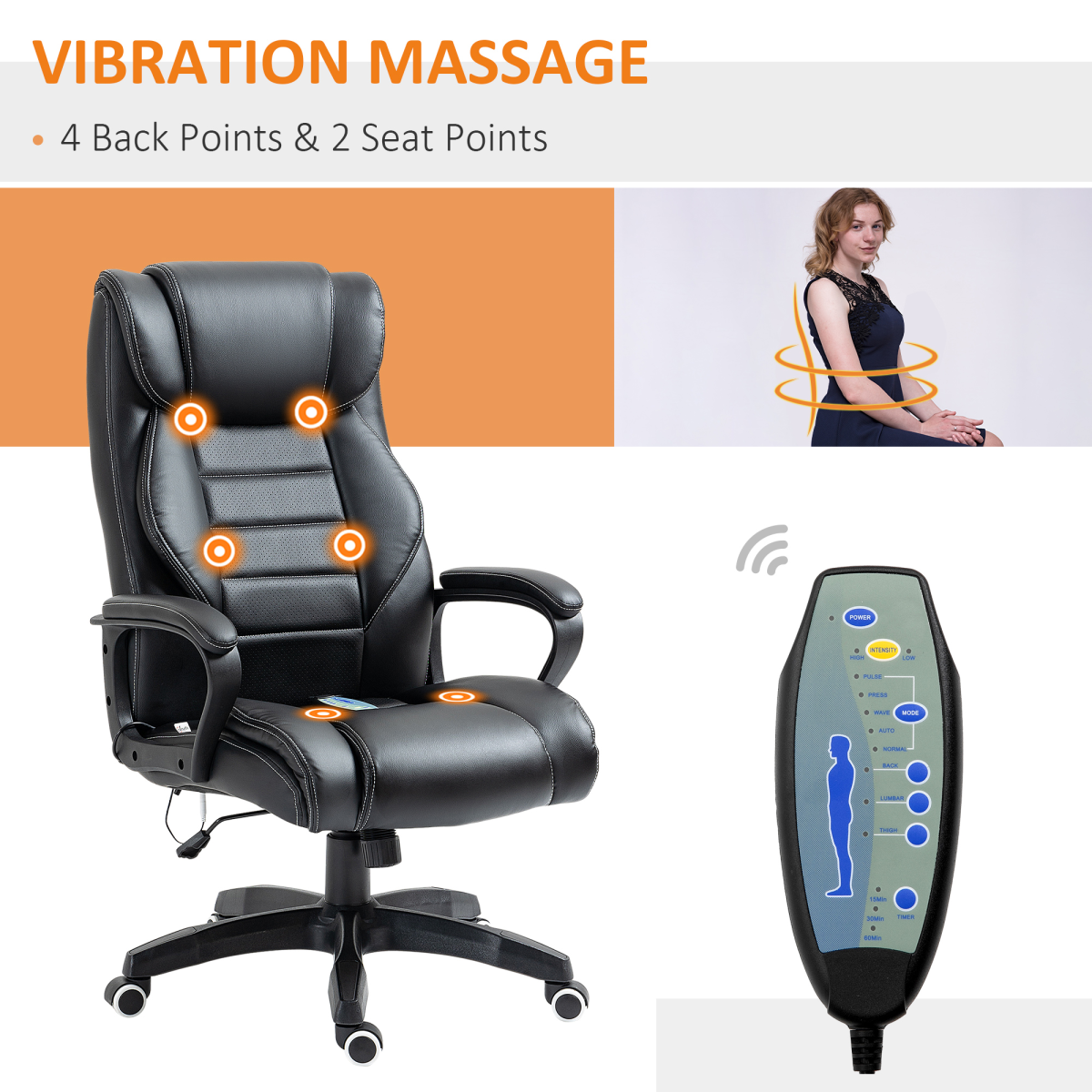 High Back 6 Points Vibration Massage Executive Office Chair, Black Vinsetto - Image 4