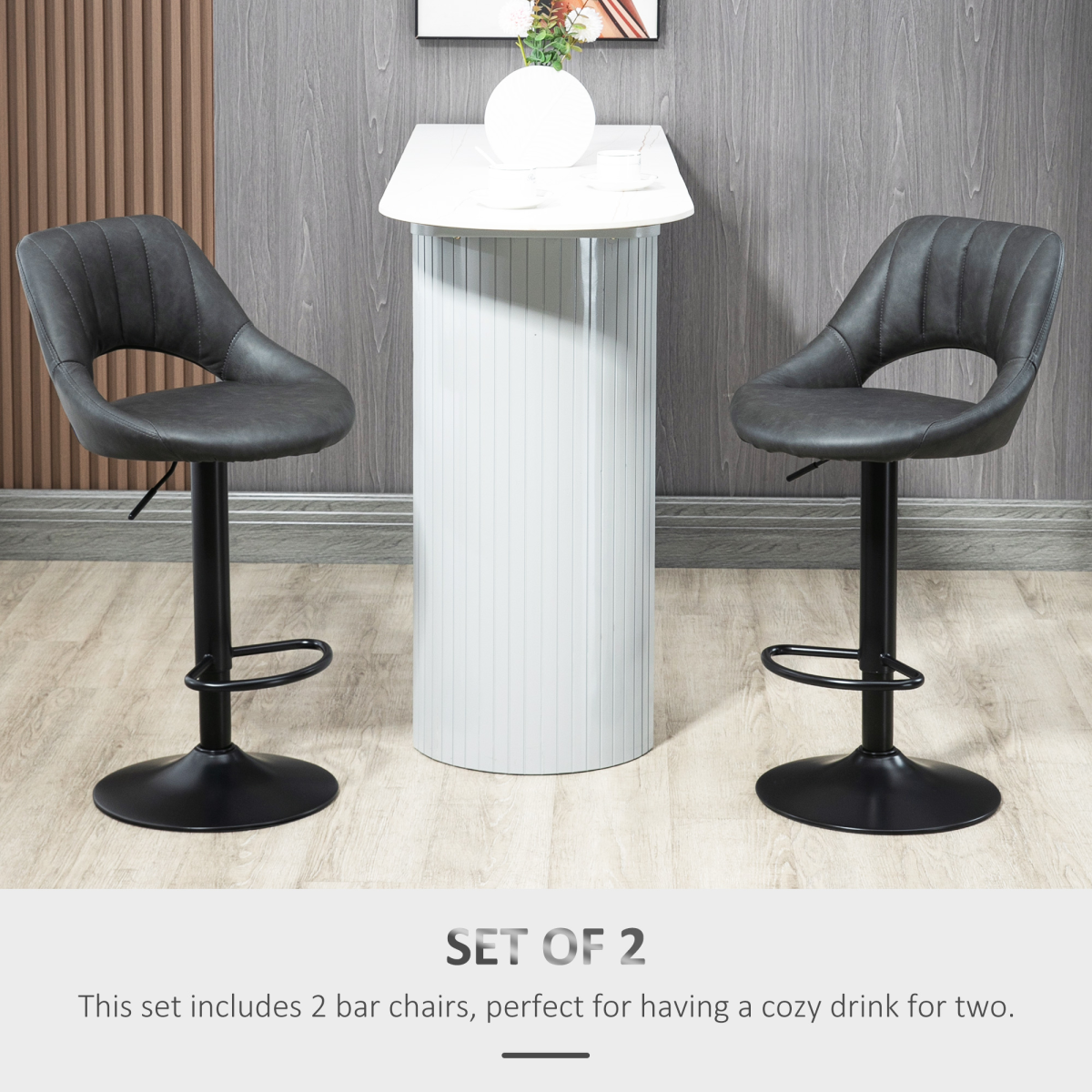 Barstools Set of 2 Adjustable Swivel Height PU Leather Counter Chairs Footrest - Image 4