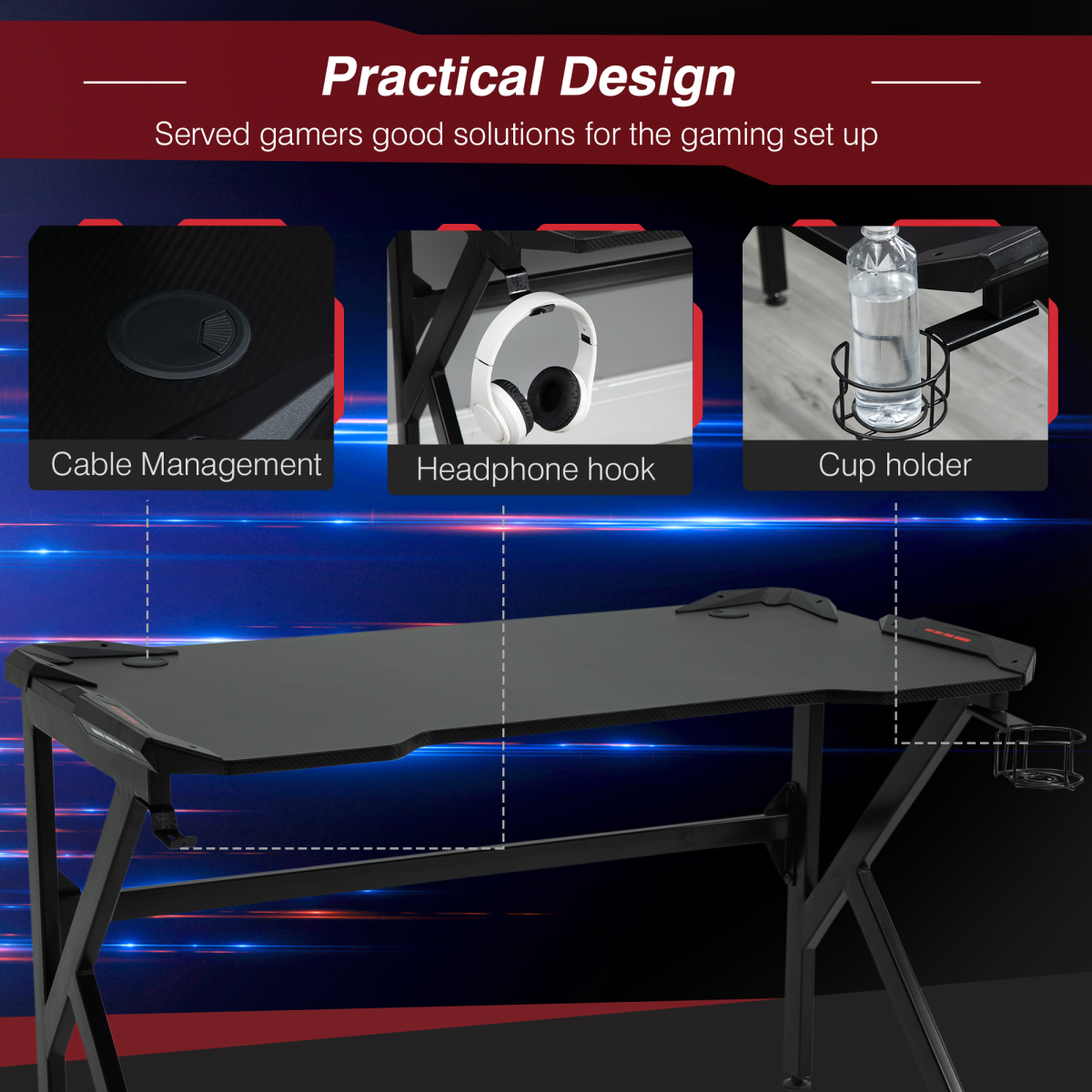 Spacious Gaming Desk Home Racing w/ Steel Frame Cup Headphone Holder Hook - Image 4