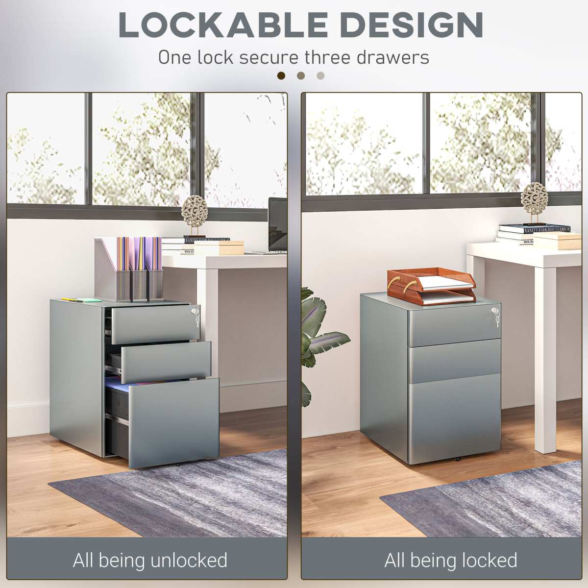 Vinsetto 3 Drawer Metal Filing Cabinet Lockable 5 Wheels Compact Under Desk Grey - Image 4