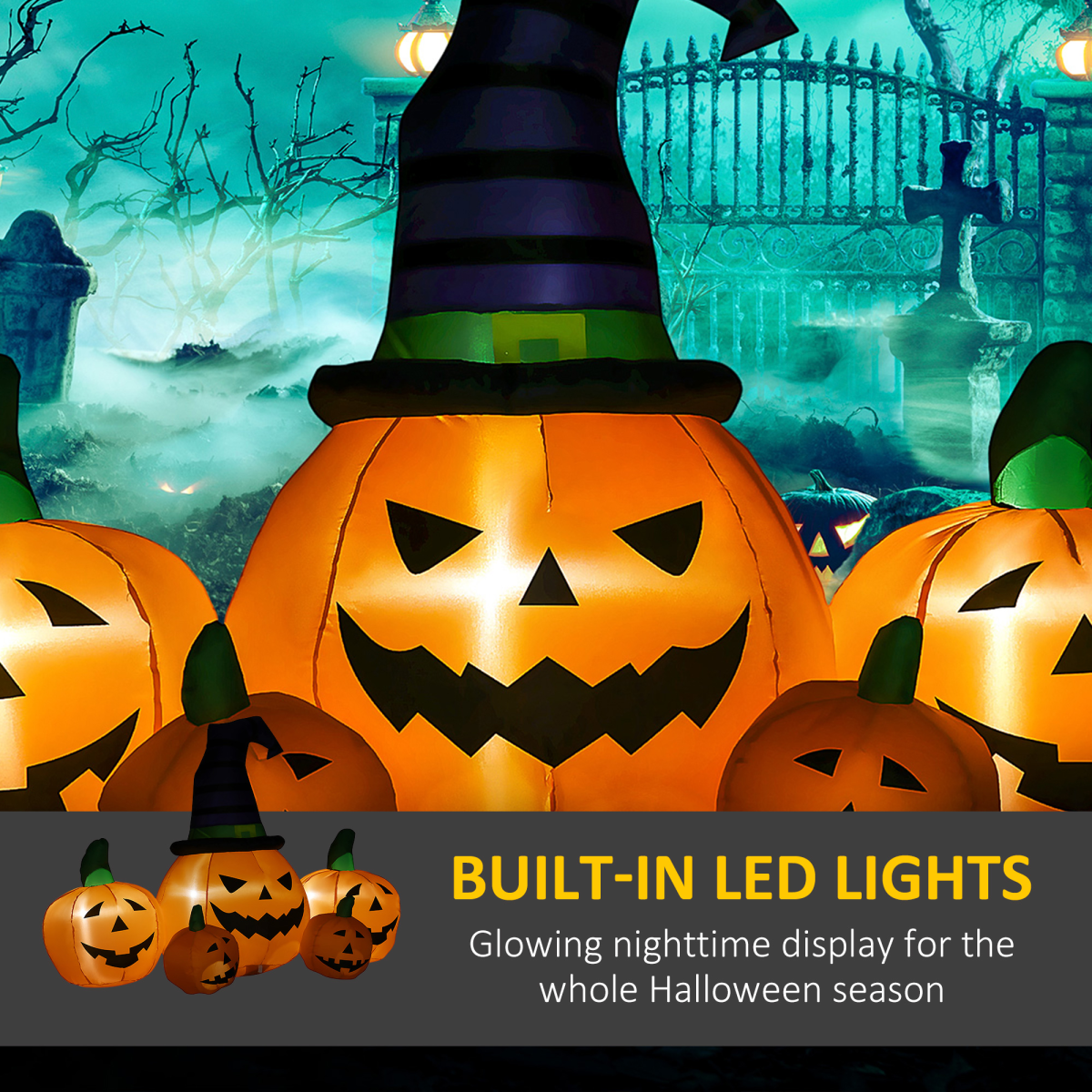 6ft Inflatable Halloween Large Pumpkin Hat with Four Small Pumpkins Blow-Up LED - Image 5