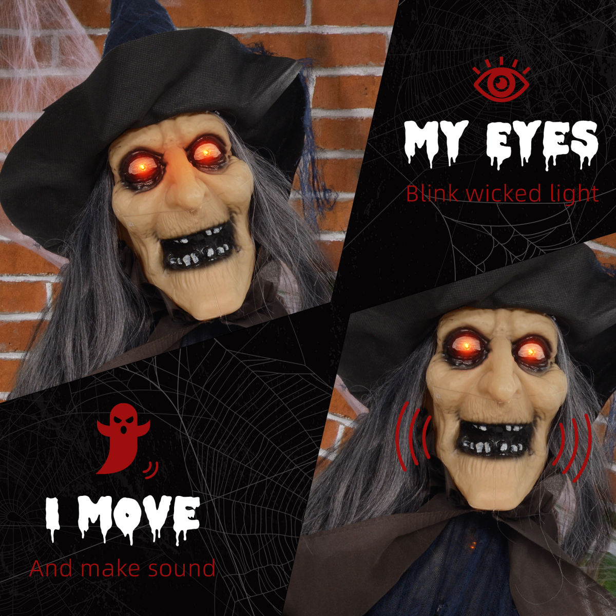 Halloween Witch with Broomstick Animatronic Prop with Light Up Eyes - Image 5