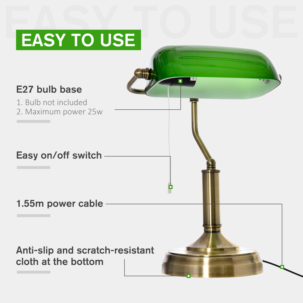 Banker's Table Lamp Desk Lamp w/Antique Bronze Base, Glass Shade and Pull Rope - Image 5