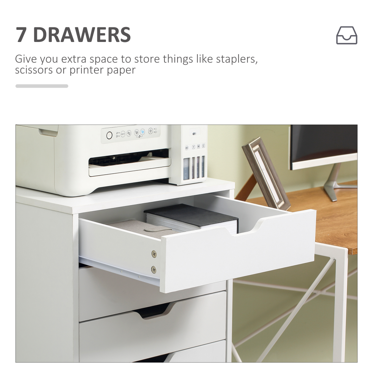Vinsetto Mobile Filing Cabinet, 7-drawer File Cabinet with Wheels, White - Image 5