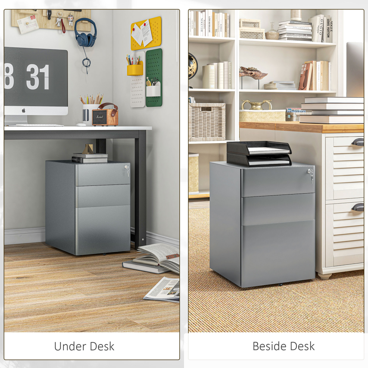 Vinsetto 3 Drawer Metal Filing Cabinet Lockable 5 Wheels Compact Under Desk Grey - Image 5