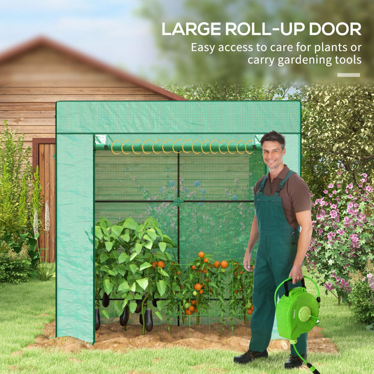 Outsunny Walk-in Garden Green House with Large Roll-up Door and 2 Mesh Windows - Image 5