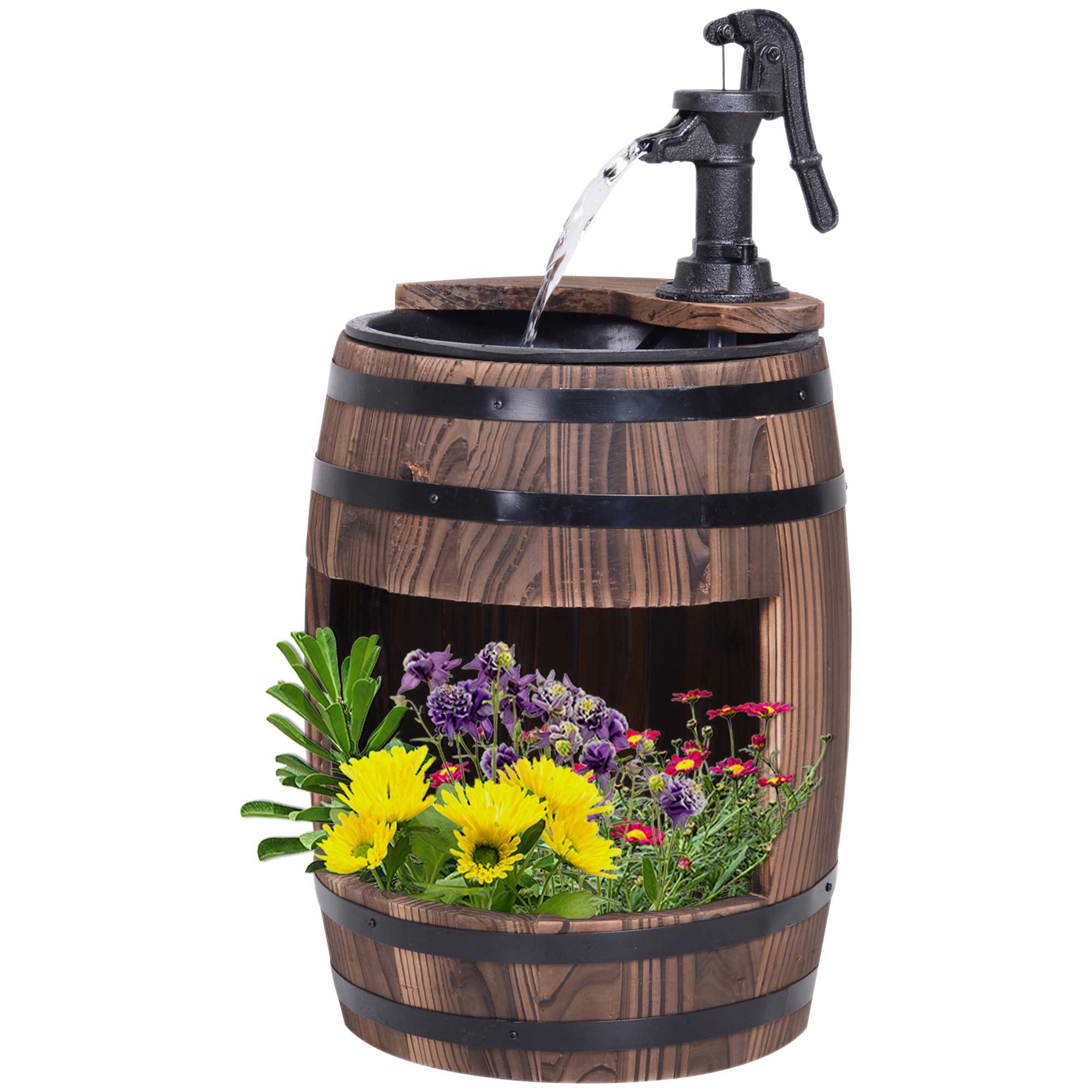 Outsunny Wood Barrel Pump Garden Fountain Water Feature Flower Planter Stand New - Image 2