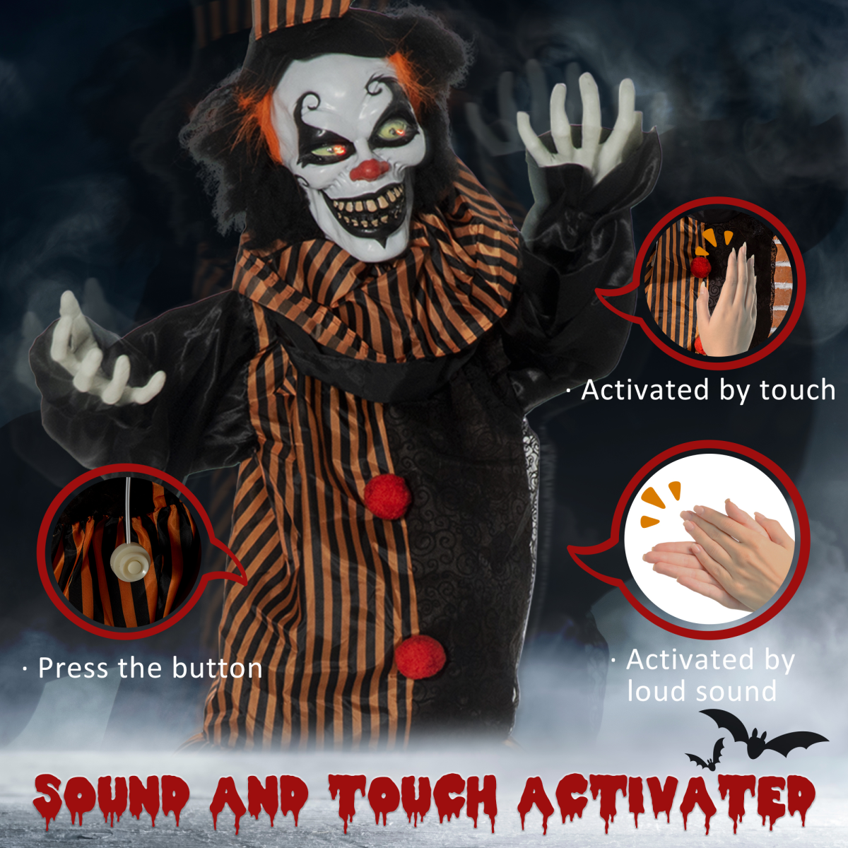 67 Inch Life Size Outdoor Halloween Talking Circus Clown Light Up Eyes Laughter - Image 6