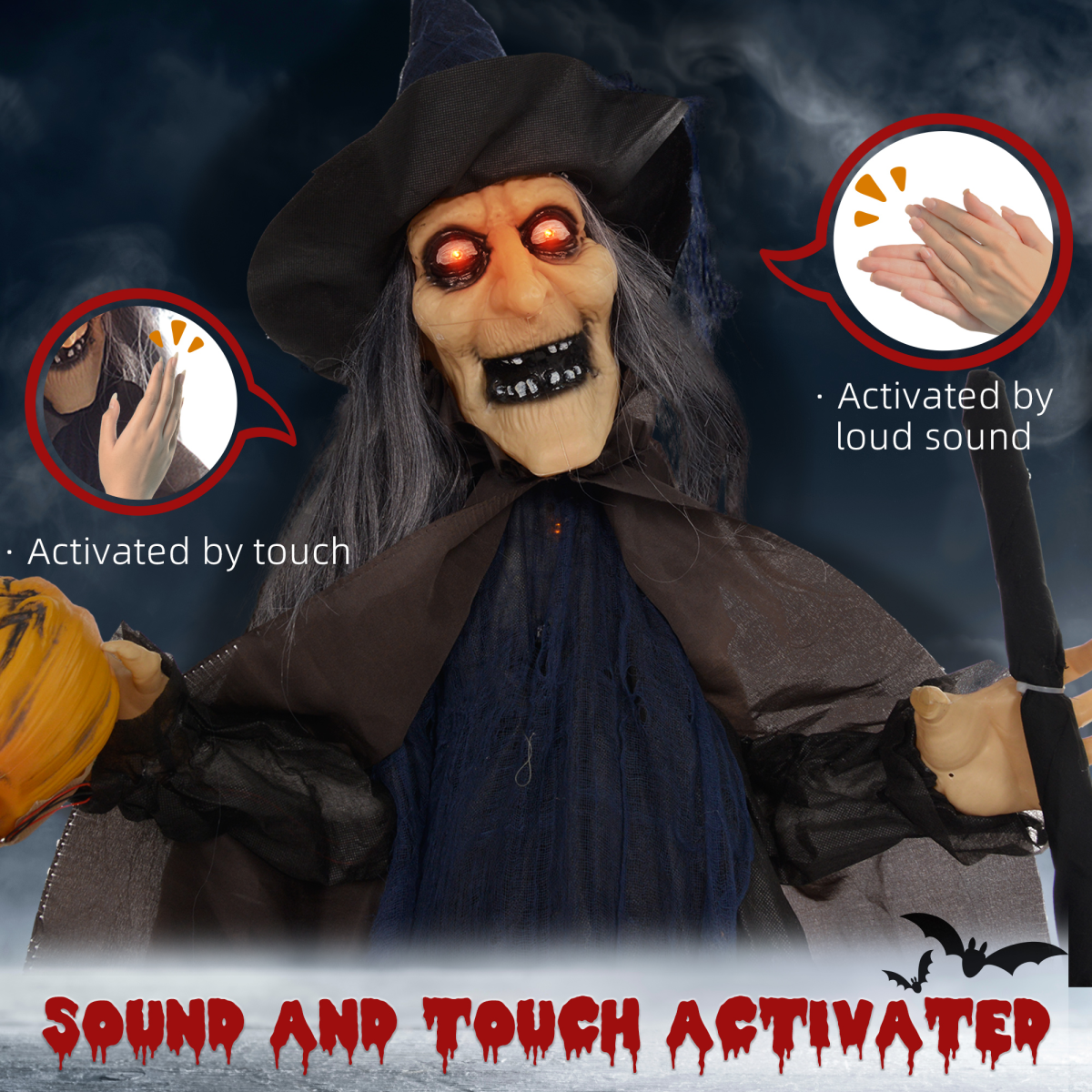 Halloween Witch with Broomstick Animatronic Prop with Light Up Eyes - Image 6