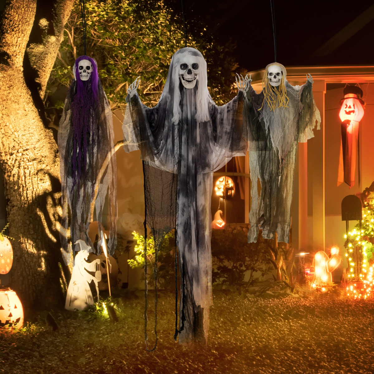 Set of 3 Hanging Skeleton, Flying Ghost Halloween Decorations - Image 7
