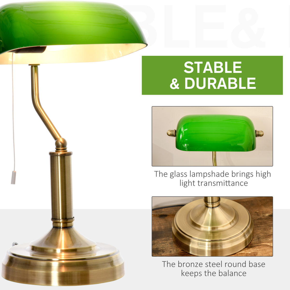 Banker's Table Lamp Desk Lamp w/Antique Bronze Base, Glass Shade and Pull Rope - Image 6