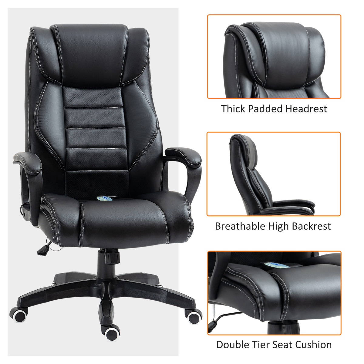 High Back 6 Points Vibration Massage Executive Office Chair, Black Vinsetto - Image 6