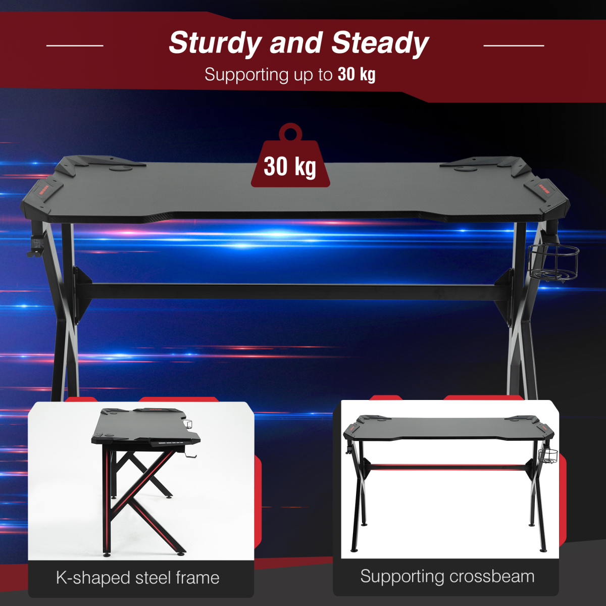 Spacious Gaming Desk Home Racing w/ Steel Frame Cup Headphone Holder Hook - Image 6