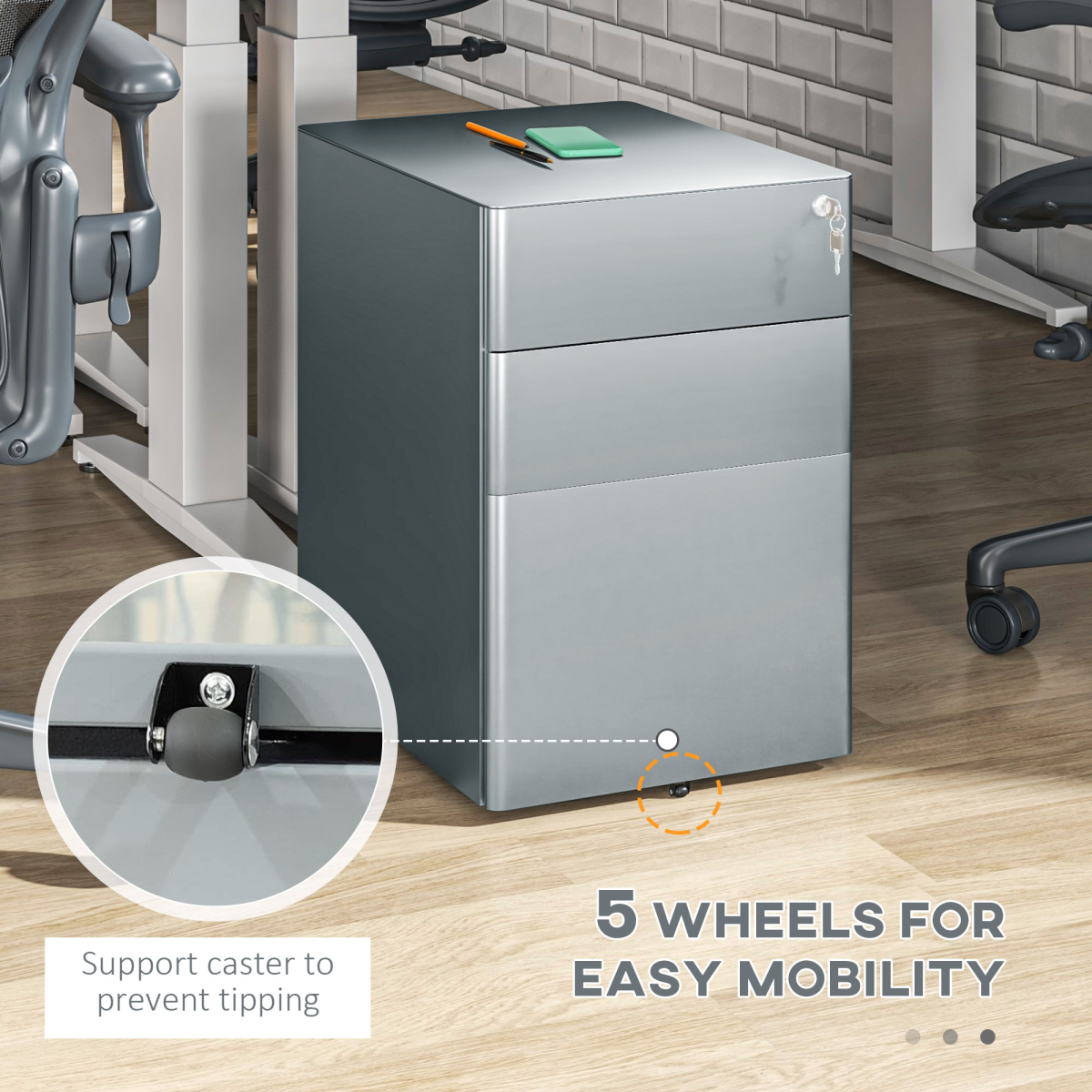 Vinsetto 3 Drawer Metal Filing Cabinet Lockable 5 Wheels Compact Under Desk Grey - Image 6