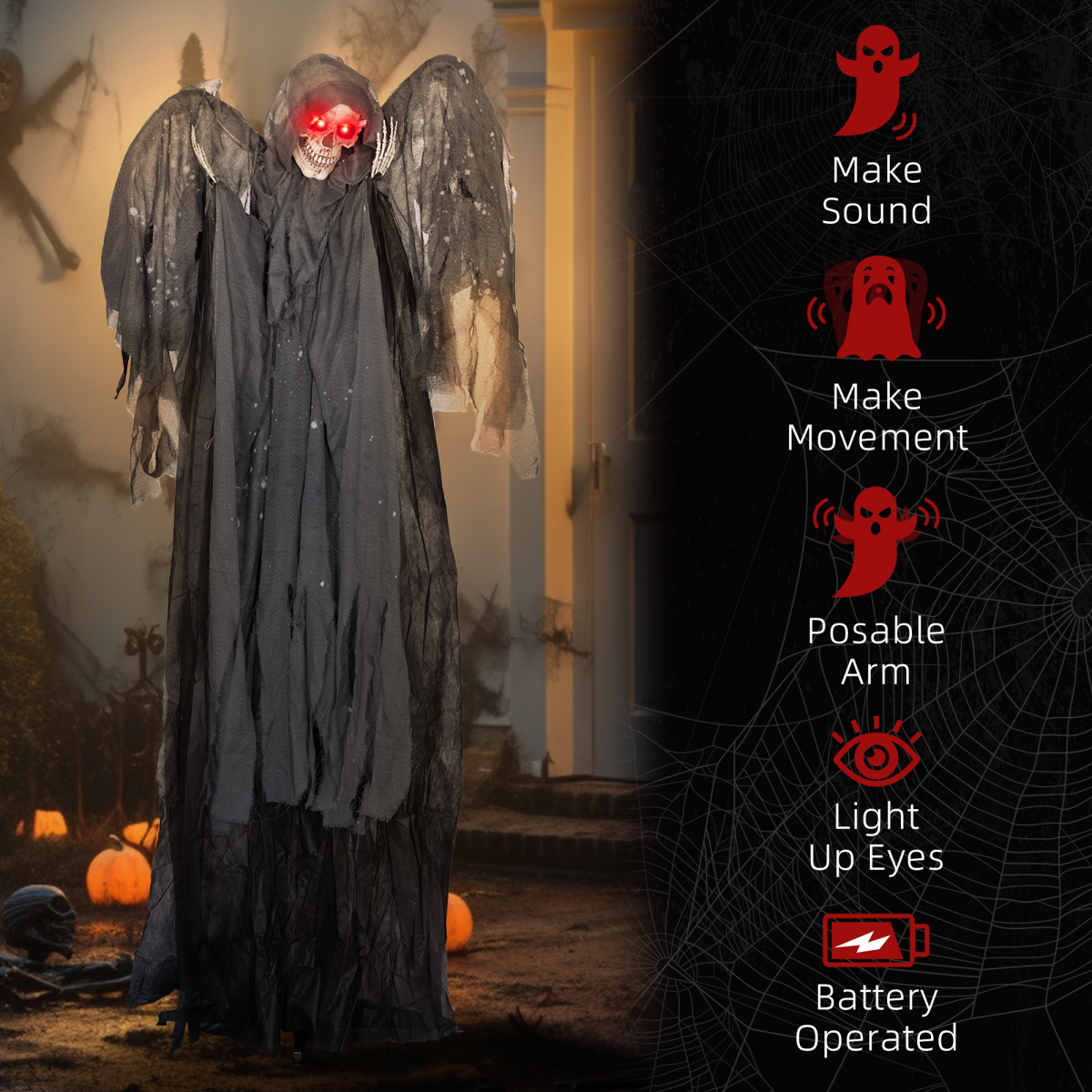 Winged Grim Reaper Animatronic Prop w/ Light Up Eyes, for Haunted House - Image 7