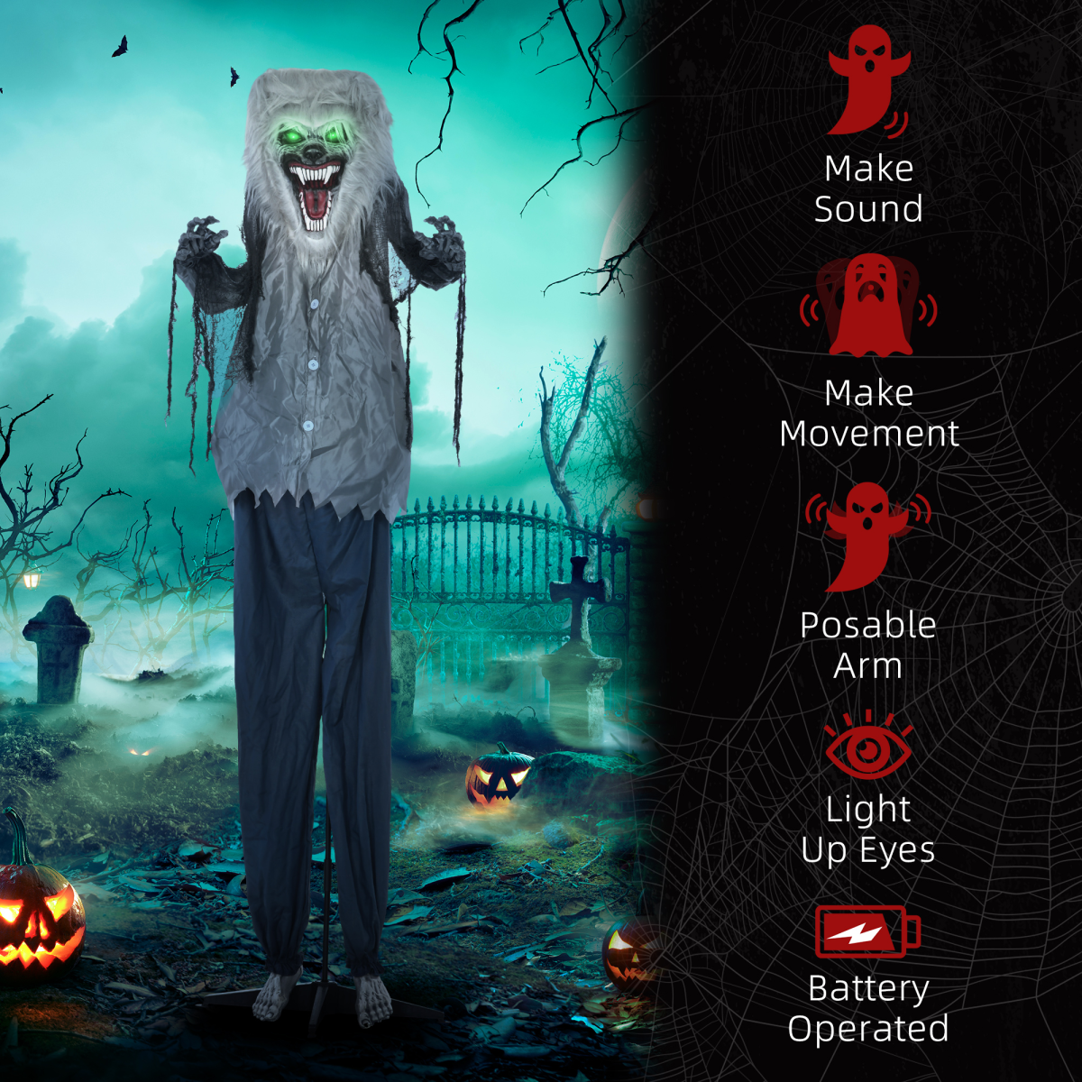 Halloween Skeleton Werewolf Animatronic Prop with Light Up Eyes - Image 7