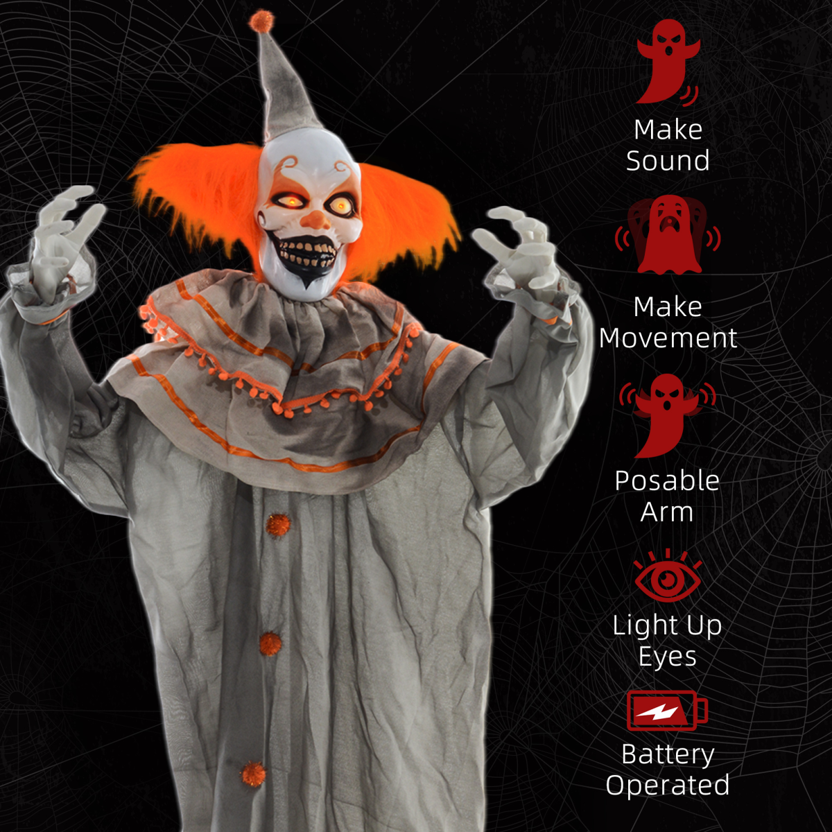 Halloween Clown Animatronic Prop with Light Up Eyes, for Indoor Outdoor - Image 7