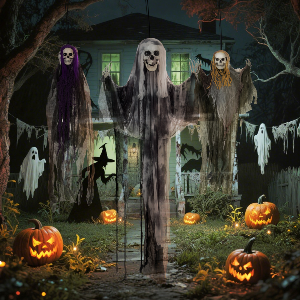 Set of 3 Hanging Skeleton, Flying Ghost Halloween Decorations - Image 8