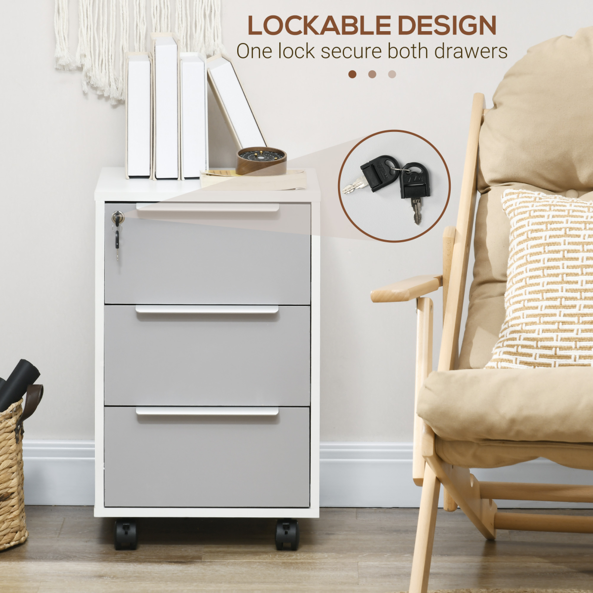 3-Drawer Locking File Cabinet Mobile Chest of Drawers Side Table Wheels - Image 7